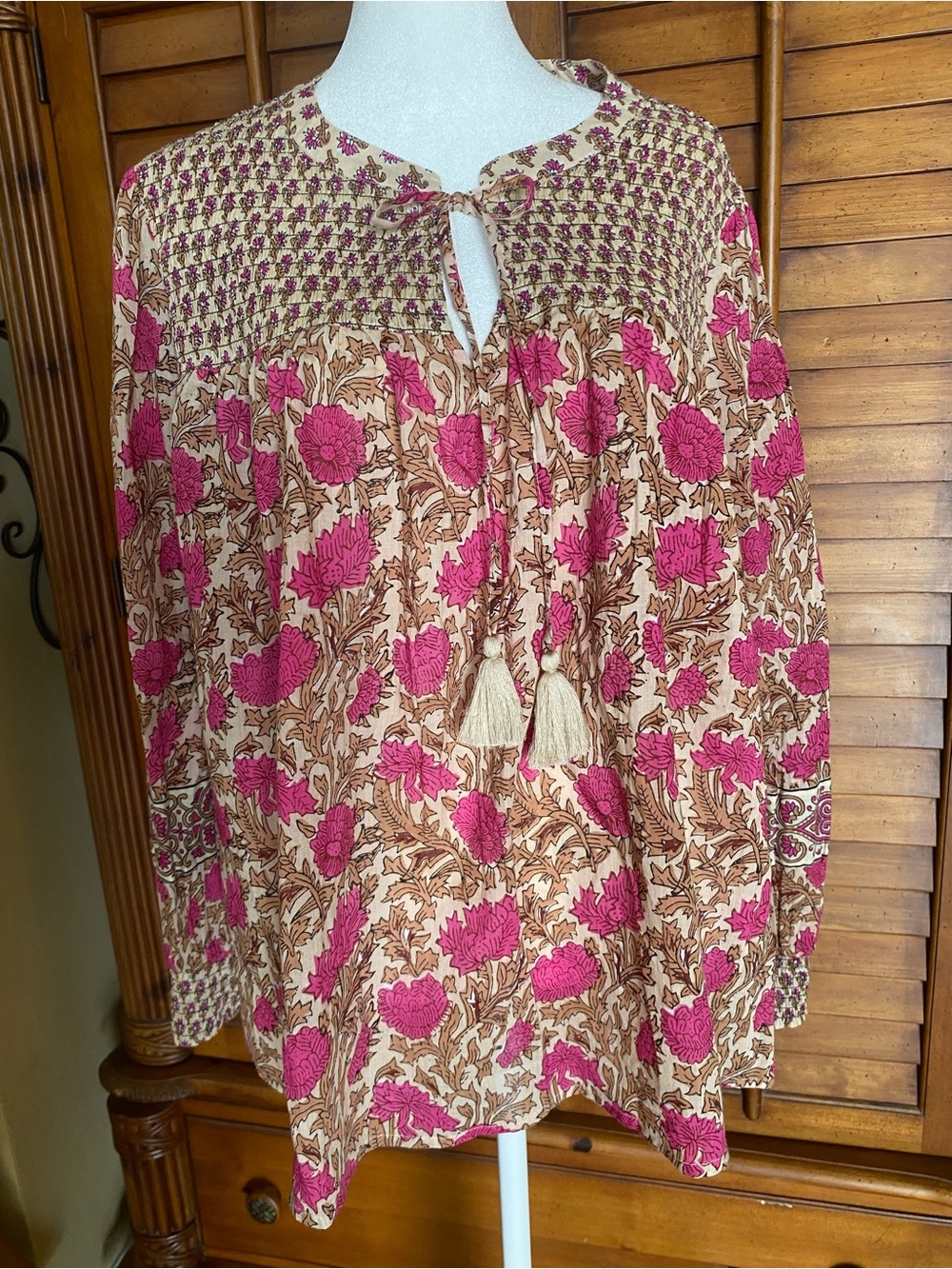 Rachel Zoe bohemian Pink Floral Tassel Peasant Tunic Large